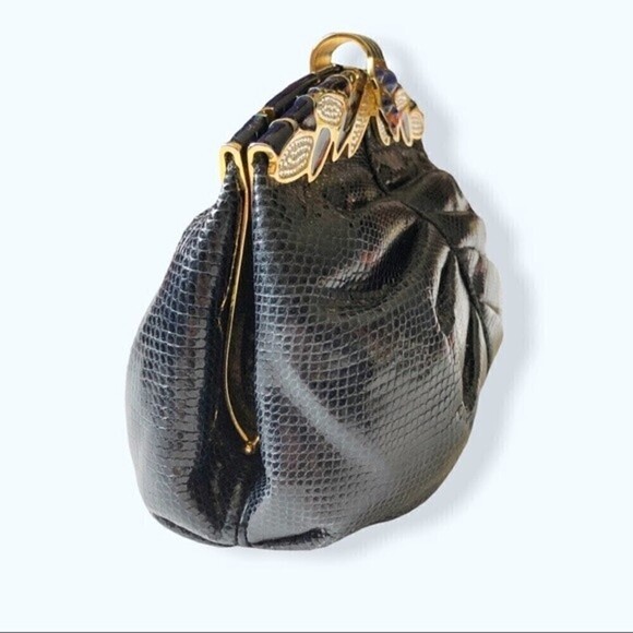 60s- 70s Finesse La Model Snakeskin Navy Blue Clutch Shoulder Bag Gold Hardware - Picture 4 of 15